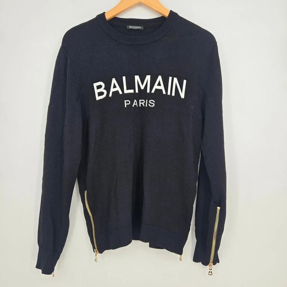 Balmain Paris Men's Oversized S Black Knit Logo Sweater Gold Side Zip Designer